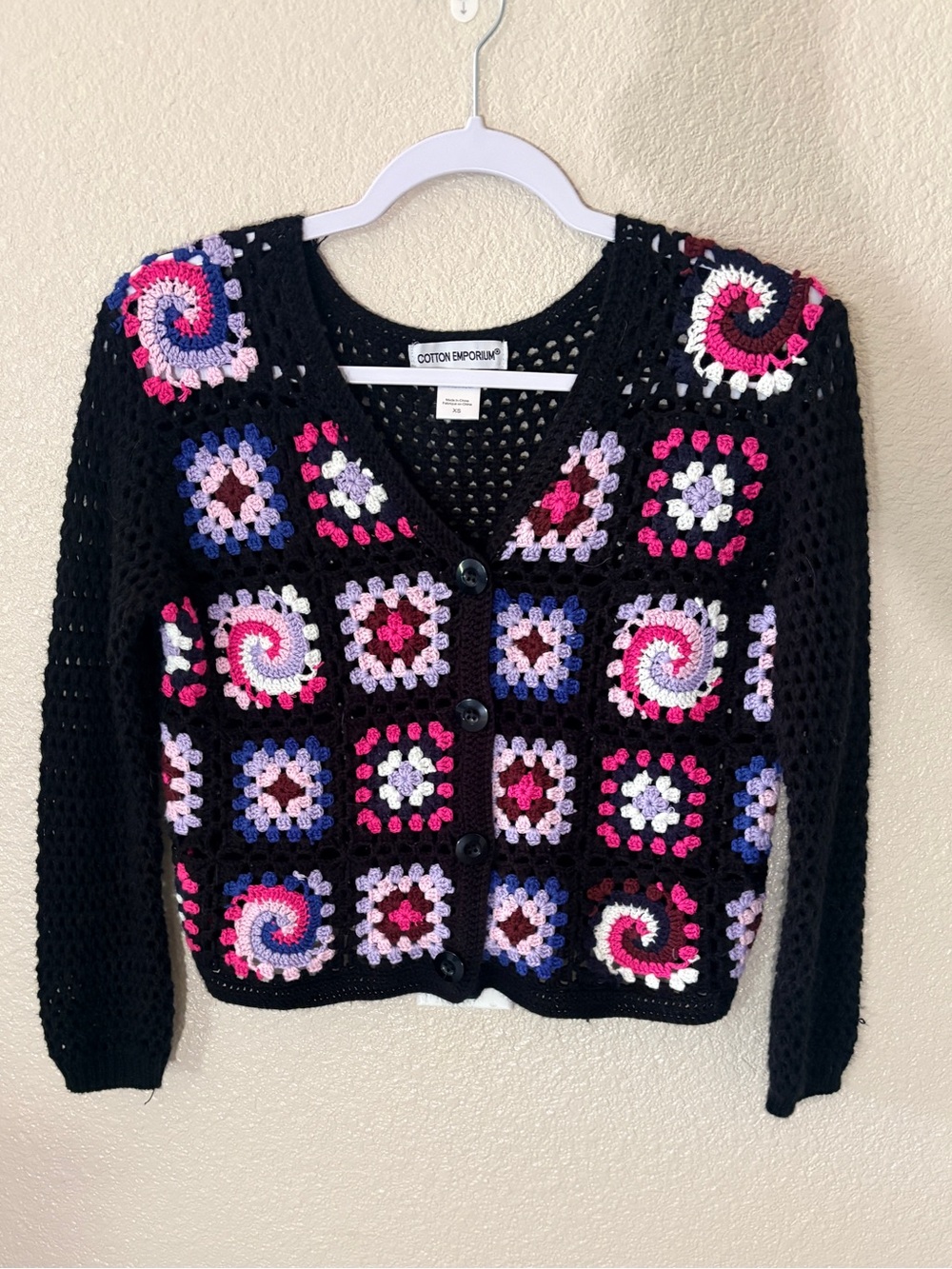 Cotton Emporium Black Crochet Cardigan with Pink, Purple & White Squares